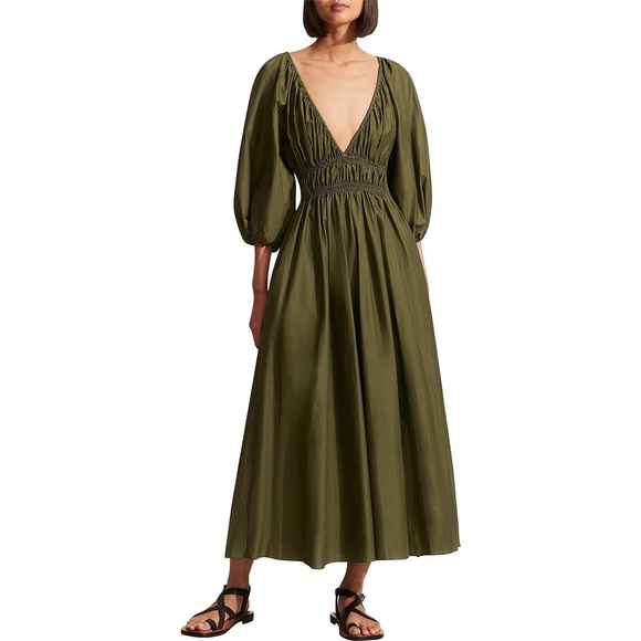 Matteau Dresses & Skirts - Matteau Shirred Plunge Dress cypress green